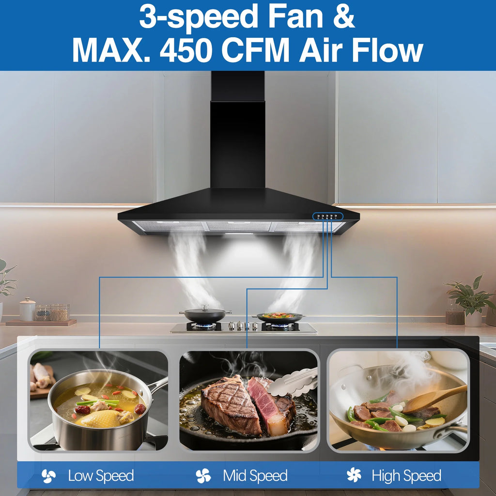 36-inch Wall Mount Range Hood 450CFM 3-Speed, Stainless Steel with LED Light, Adjustable Chimney 15.7-30.7in, Ducted/Ductless Ready, Quiet Under 55dB, 5-Layer Filters