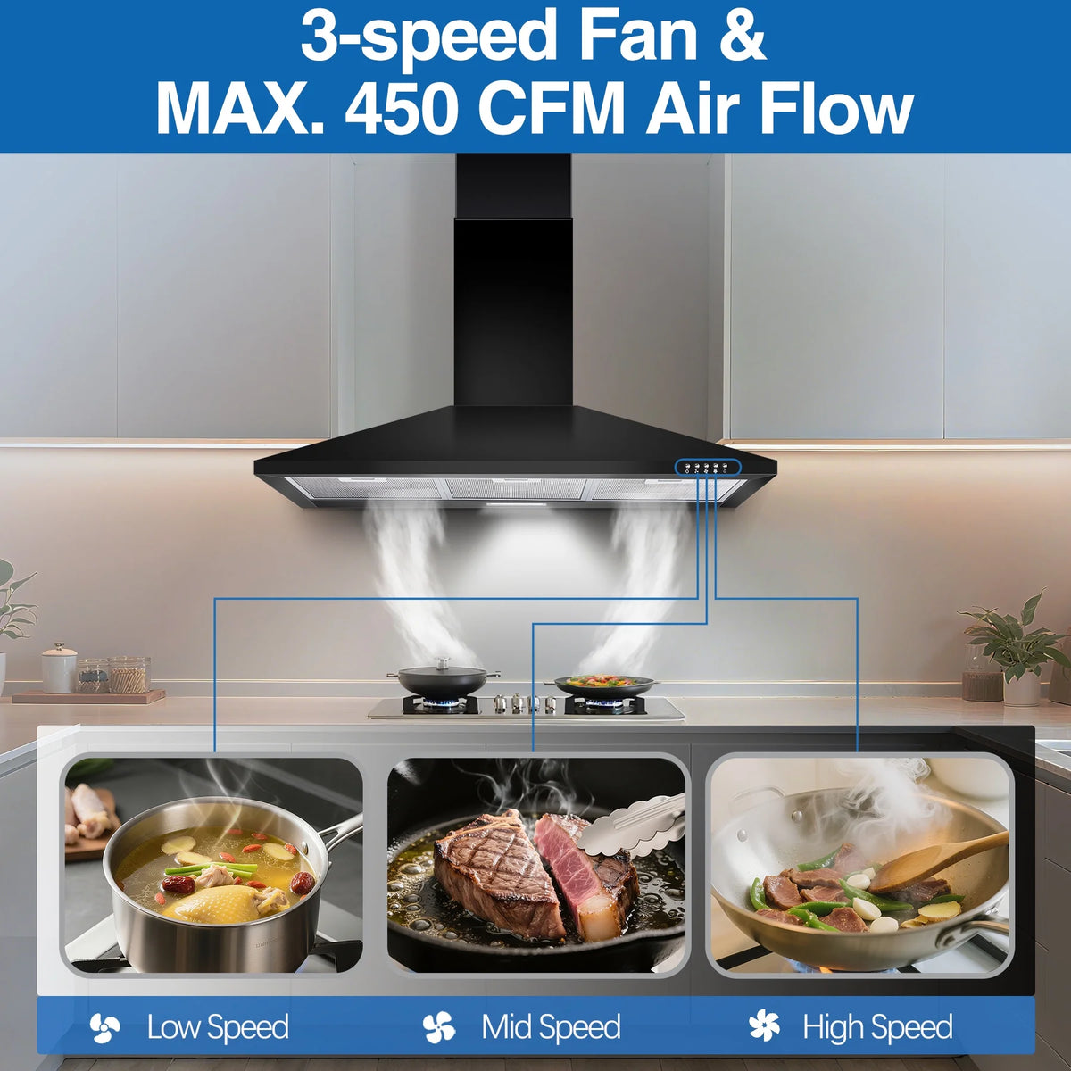 36-inch Wall Mount Range Hood 450CFM 3-Speed, Stainless Steel with LED Light, Adjustable Chimney 15.7-30.7in, Ducted/Ductless Ready, Quiet Under 55dB, 5-Layer Filters