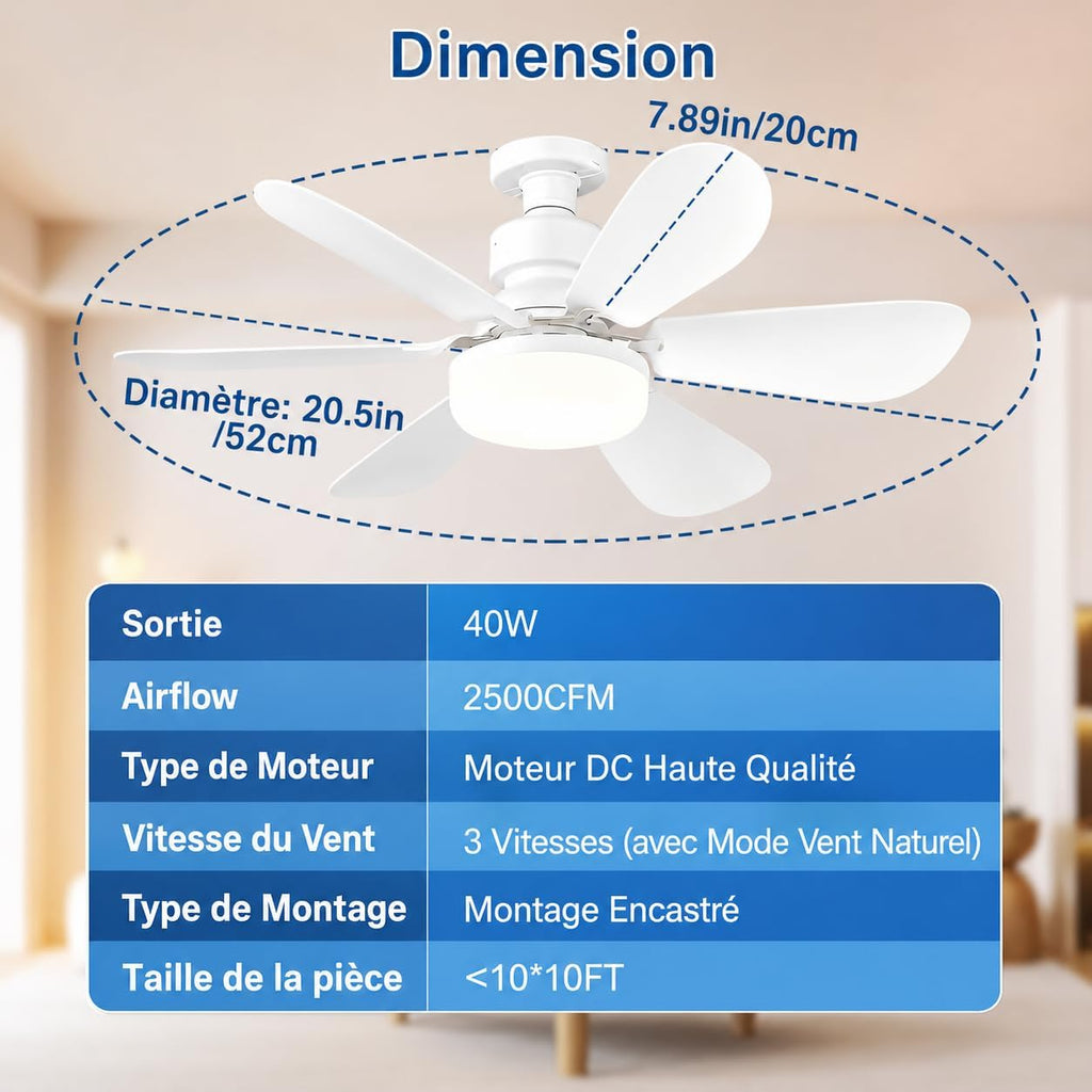 Ceiling Fan with Light and Remote Control, E27 Dimmable 40W LED Fan, 3 Speed, 6 Blades, Quiet, with Base and Extension Rod, Timer, for Bedroom, Living Room, Office, White, 52 cm