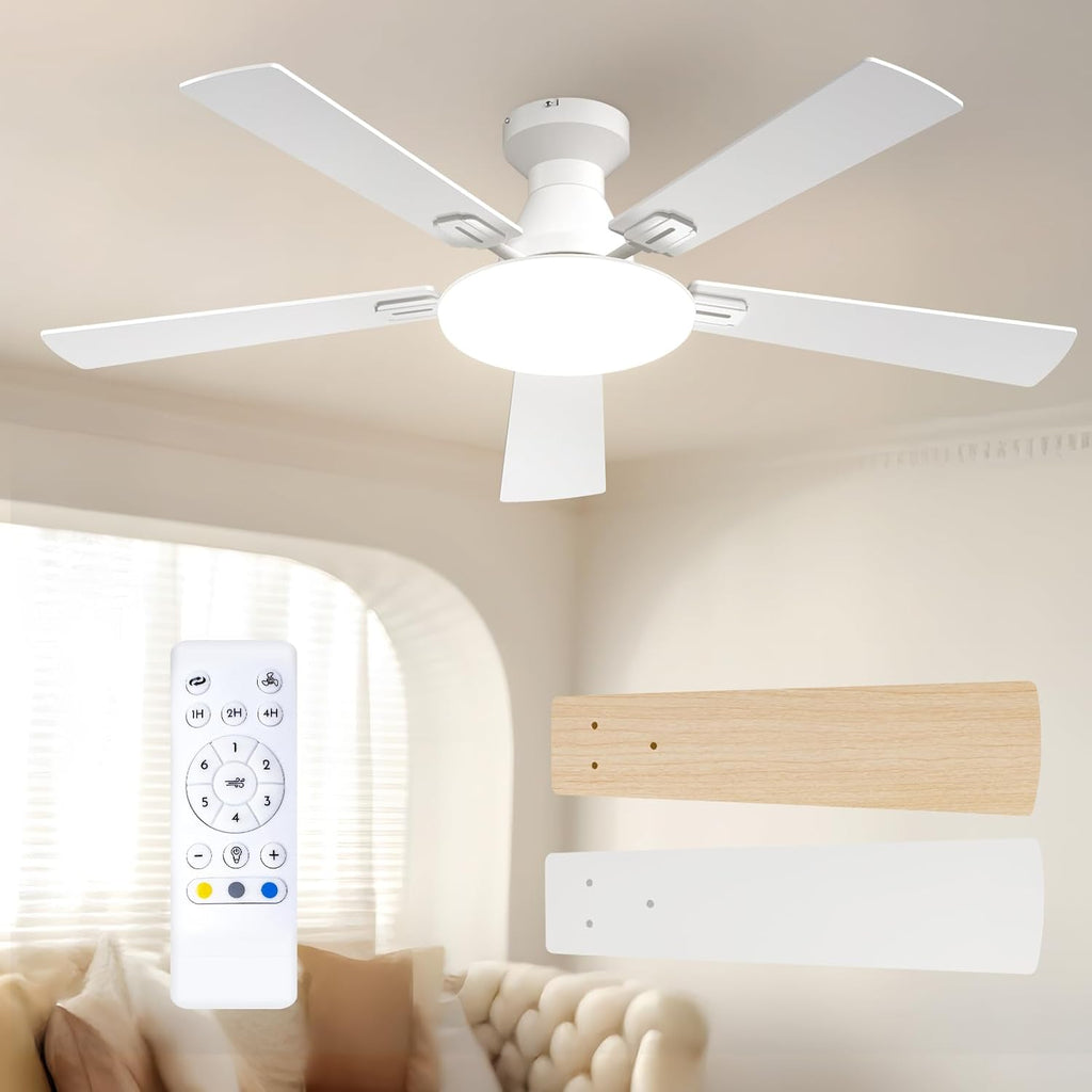 Passky Ceiling Fan 52 Inch with Lighting and Remote Control, Silent DC Motor, 5 Blades, 6 Speed, 3 Color Temperatures, Timer, White