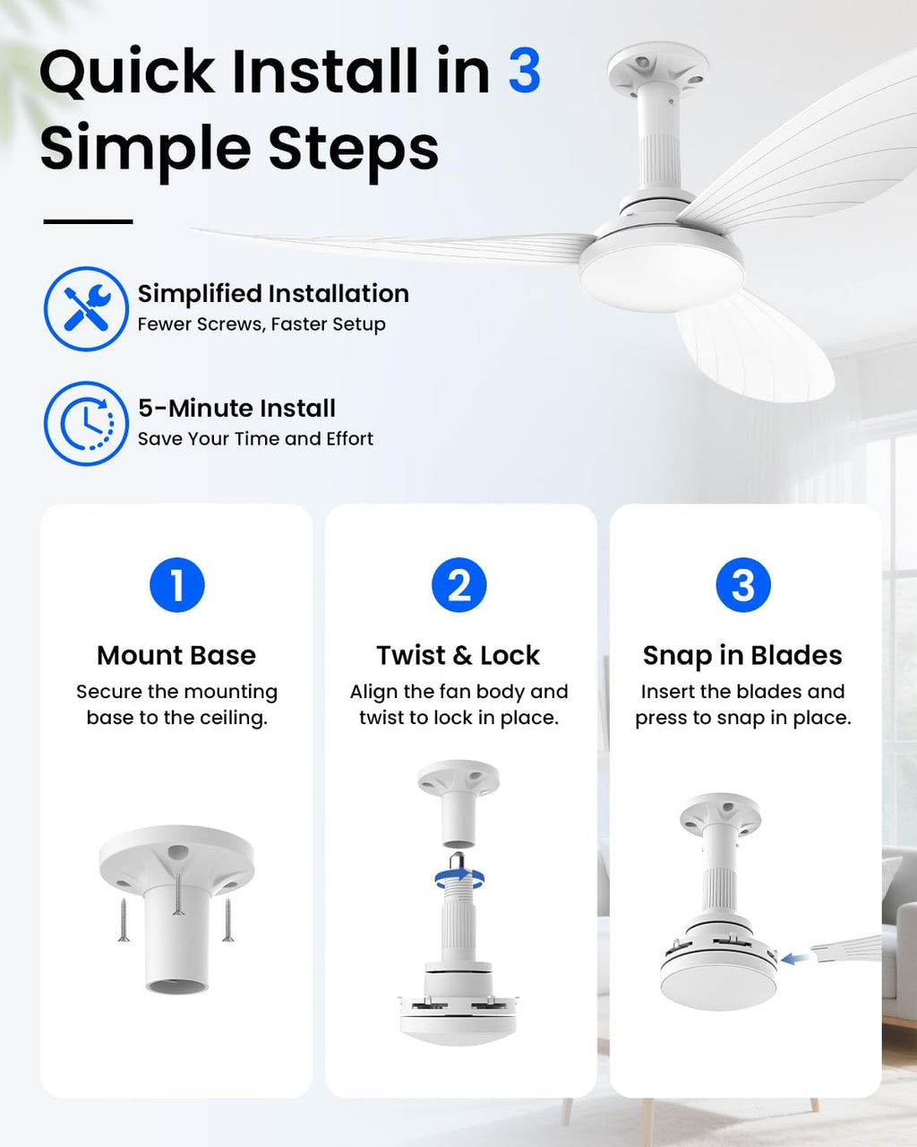 Hisummer 106 cm Ceiling Fan with Light, E27 Connection Only with Base Supplied, Quick Assembly Silent Reversible Ceiling Fan with Remote Control for Bedrooms, Living Rooms, Kitchens