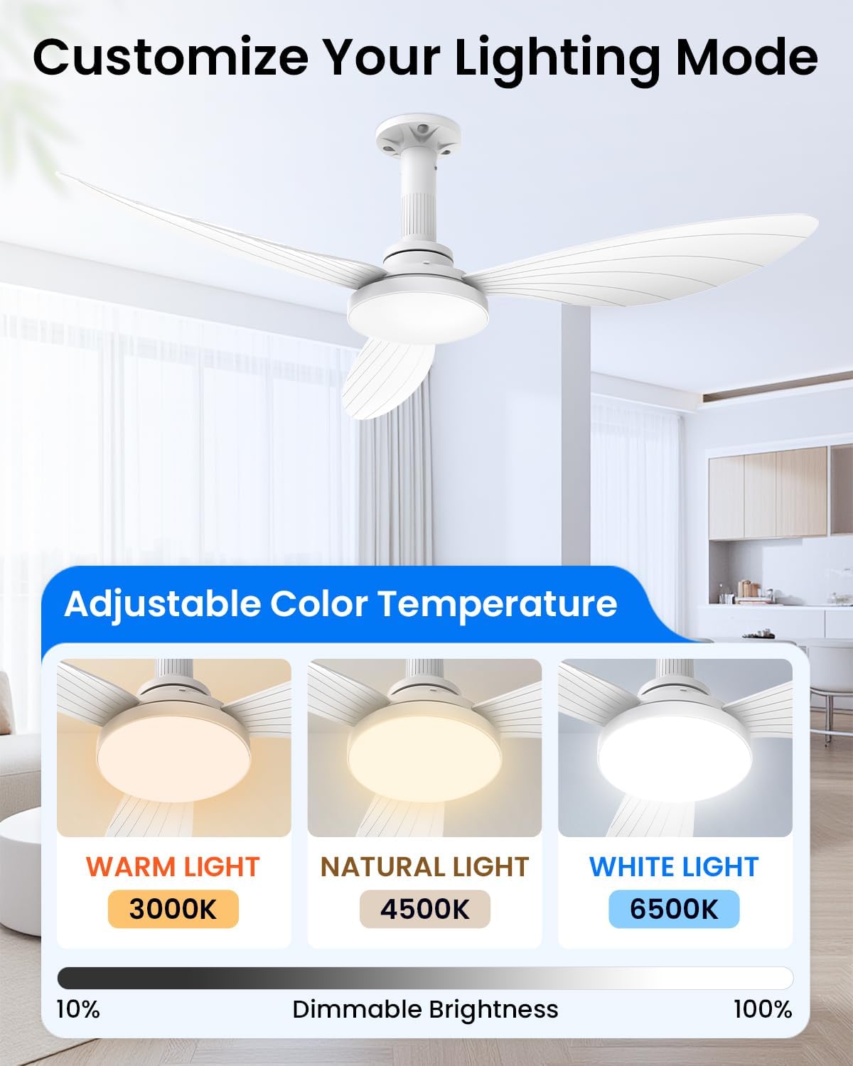Hisummer 106 cm Ceiling Fan with Light, E27 Connection Only with Base Supplied, Quick Assembly Silent Reversible Ceiling Fan with Remote Control for Bedrooms, Living Rooms, Kitchens
