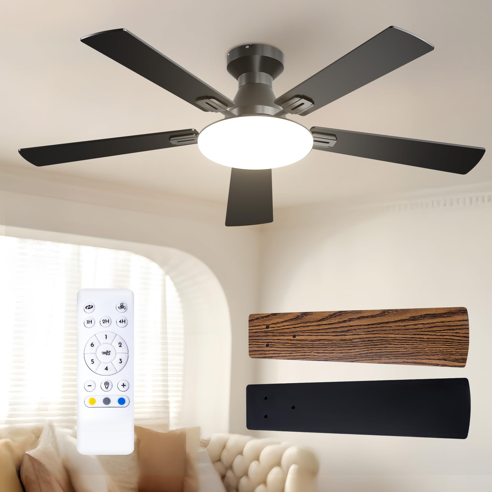 Passky Ceiling Fan 52 Inch with Lighting and Remote Control, Silent DC Motor, 5 Blades, 6 Speed, 3 Color Temperatures, Timer, White