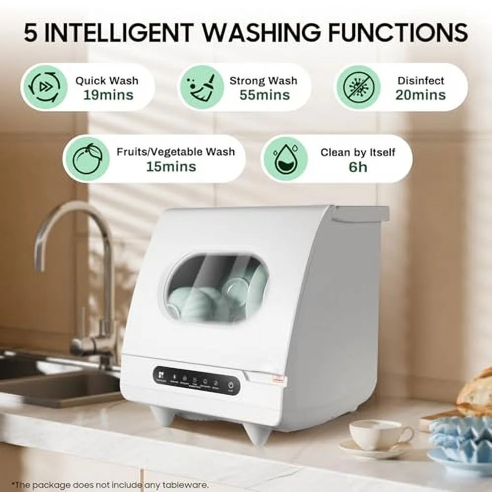 5 functions Countertop Dishwasher with 5L Water Tank,Upgrade Hot Air Dry Function,800W White Portable Dishwasher for Clean Dishes Knives Vegetables Fruits,161.6�H High Temp
