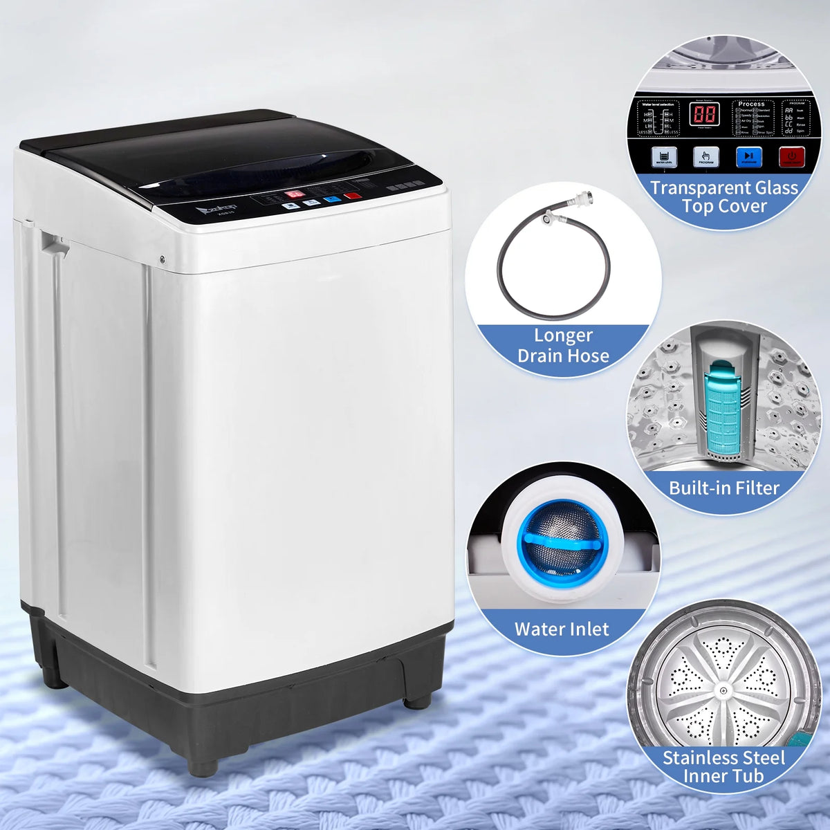 UbesGoo 15.6LBS Portable Washing Machine, Full-Automatic Electric Laundry Machine with Stainless Steel Drum,Compact Washer, Washer and Dryer Combo with Drain Pump for Apartment, Dorms, RV