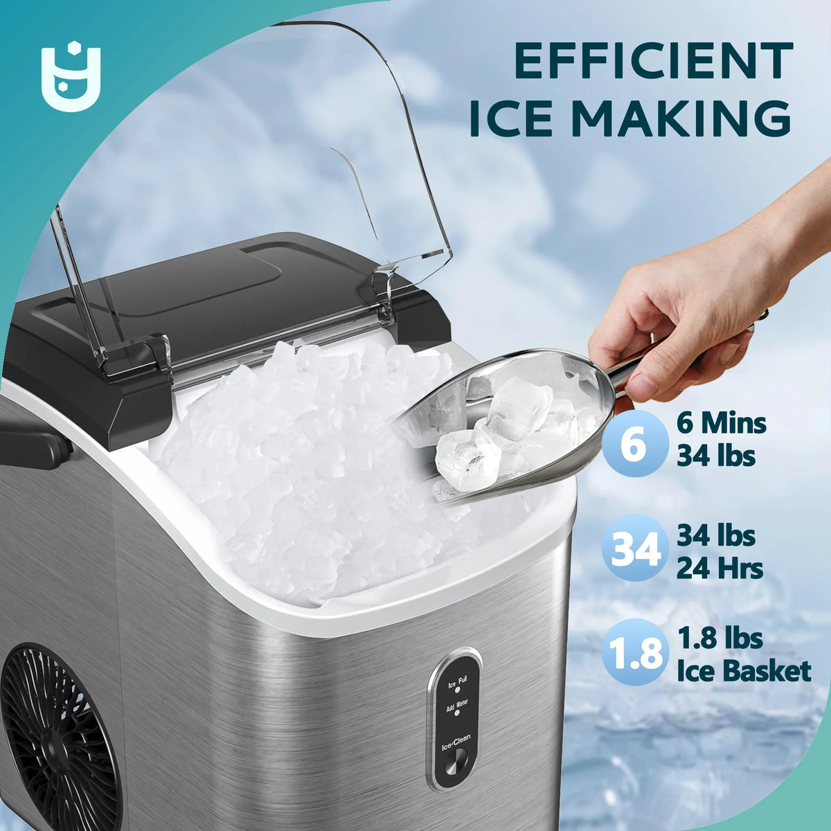 EUHOMY Nugget Ice Maker Countertop with Handle, Ready in 6 Mins, 34.5 lbs Per Day, Removable Top Cover, Auto-Cleaning, Black