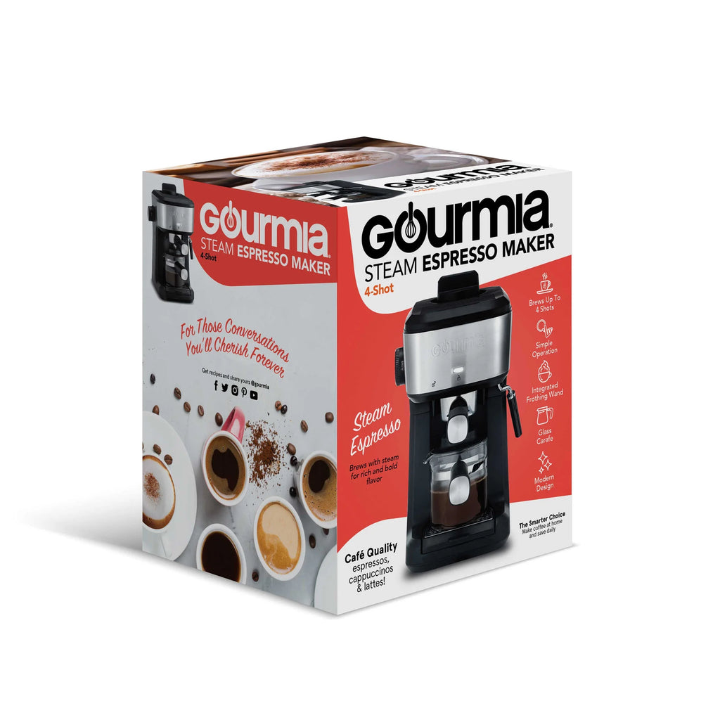 Gourmia 4-Shot Steam Espresso, Cappuccino, and Latte Maker with Frothing Wand, Black, New