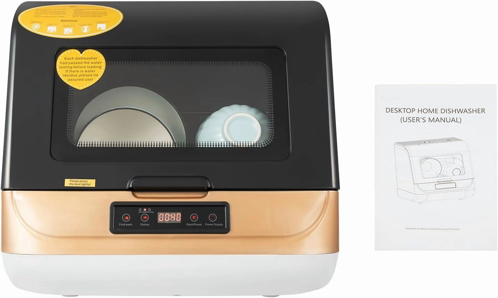 Countertop Dishwasher, Portable Dishwasher With Water Tank, 3 Washing Programs, 360-Degree Water Spraying, 75��C Hot Air Drying Technology, 110v, 1200w (Black+Brown)
