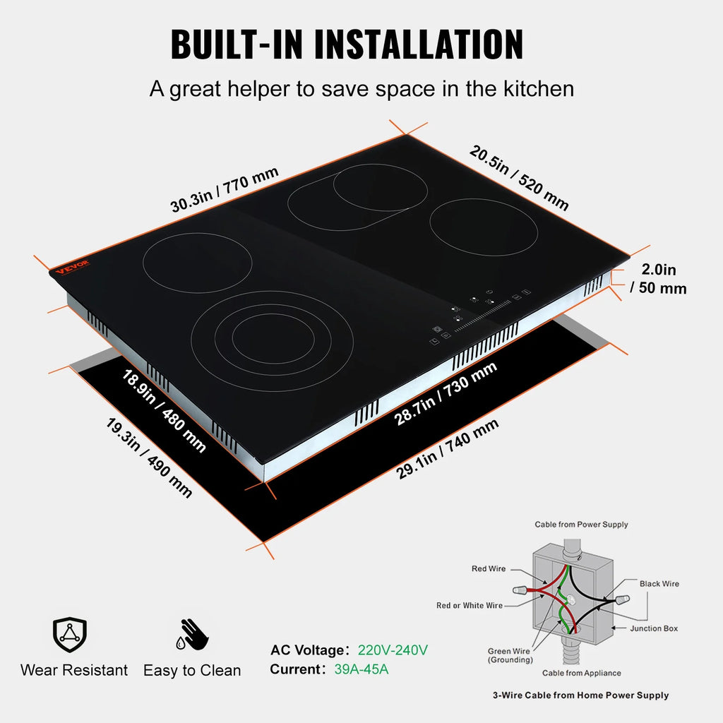 KFFKFF Ceramic Cooktop, 30" 4 Burners Induction Stovetop, 240V 7200W with Touch Control, Timer & Child Lock, 9 Temperature Levels for Diverse Culinary Tasks