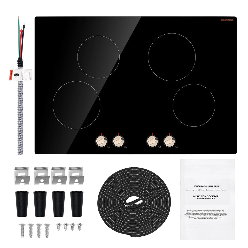 KFFKFF 4 Burner Built-in Electric Cooktop, 6600W 30" Built-in Top Electric Stove, with Knob Control, Temperature & Power Levels, Glass Top, Independent Control for Different Pots