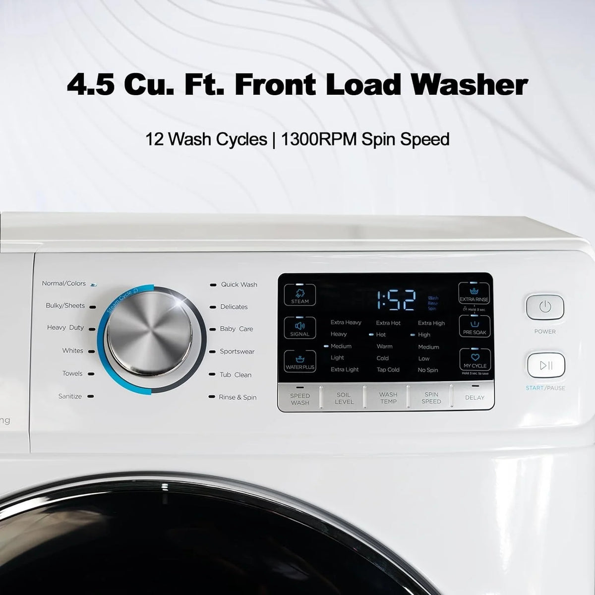 Smad 27 in 120V 4.5 Cu ft Front Load Quick Washing Machine, Quiet Inverter Motor, Steam and Water Plus Functions
