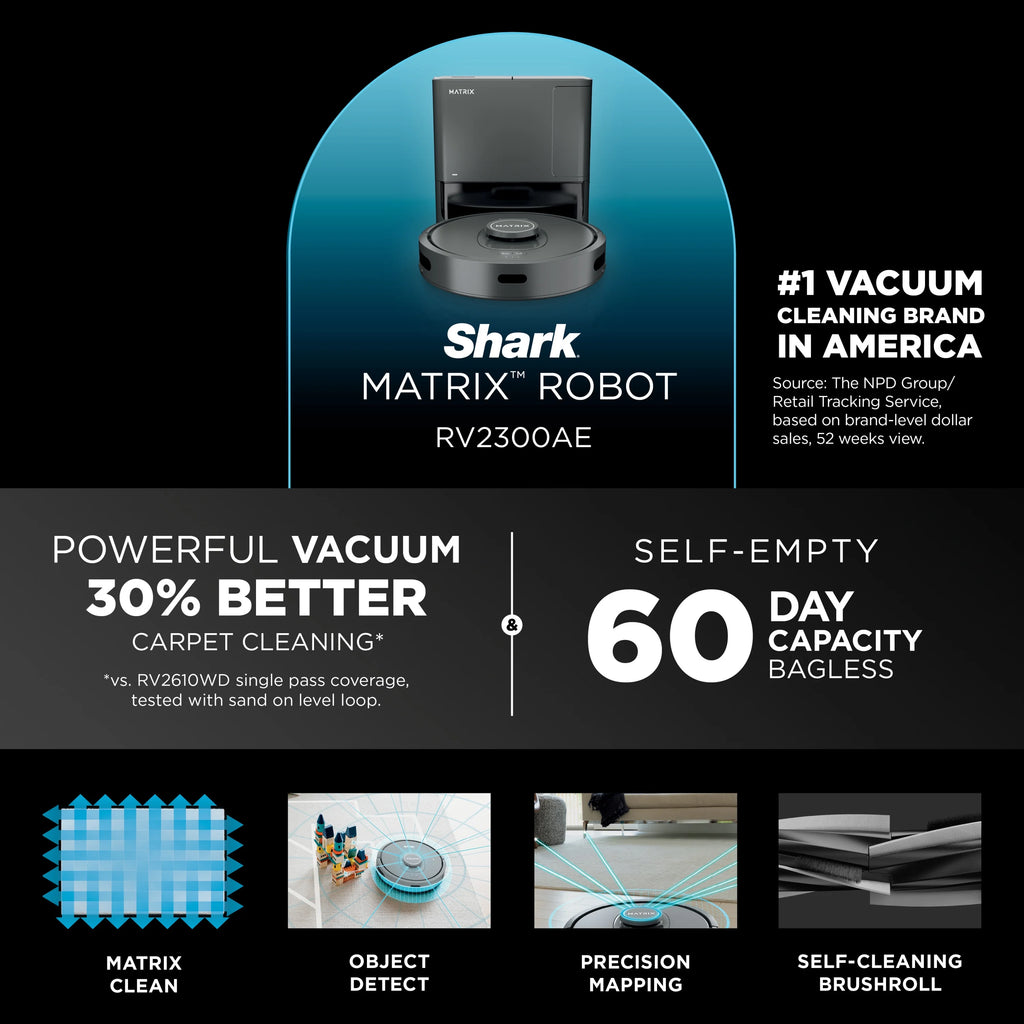 Shark Matrix Self-Empty Robot Vacuum with No Spots Missed on Carpets & Hard Floors, RV2300AE