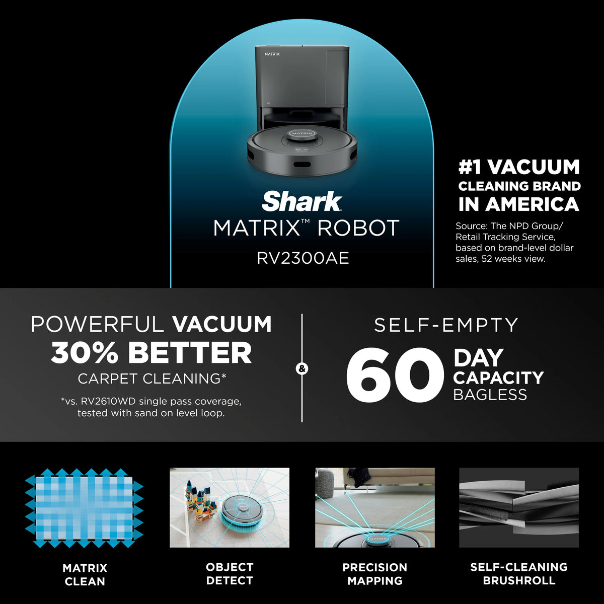 Shark Matrix Self-Empty Robot Vacuum with No Spots Missed on Carpets & Hard Floors, RV2300AE