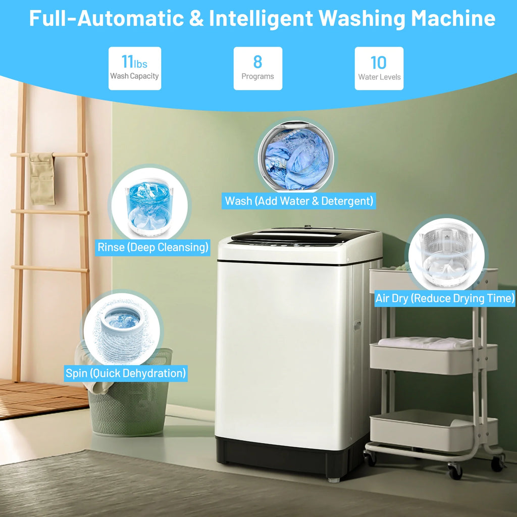 Gymax Capacity 11 lbs. Compact Full-automatic Washing Machine Laundry Washer, White