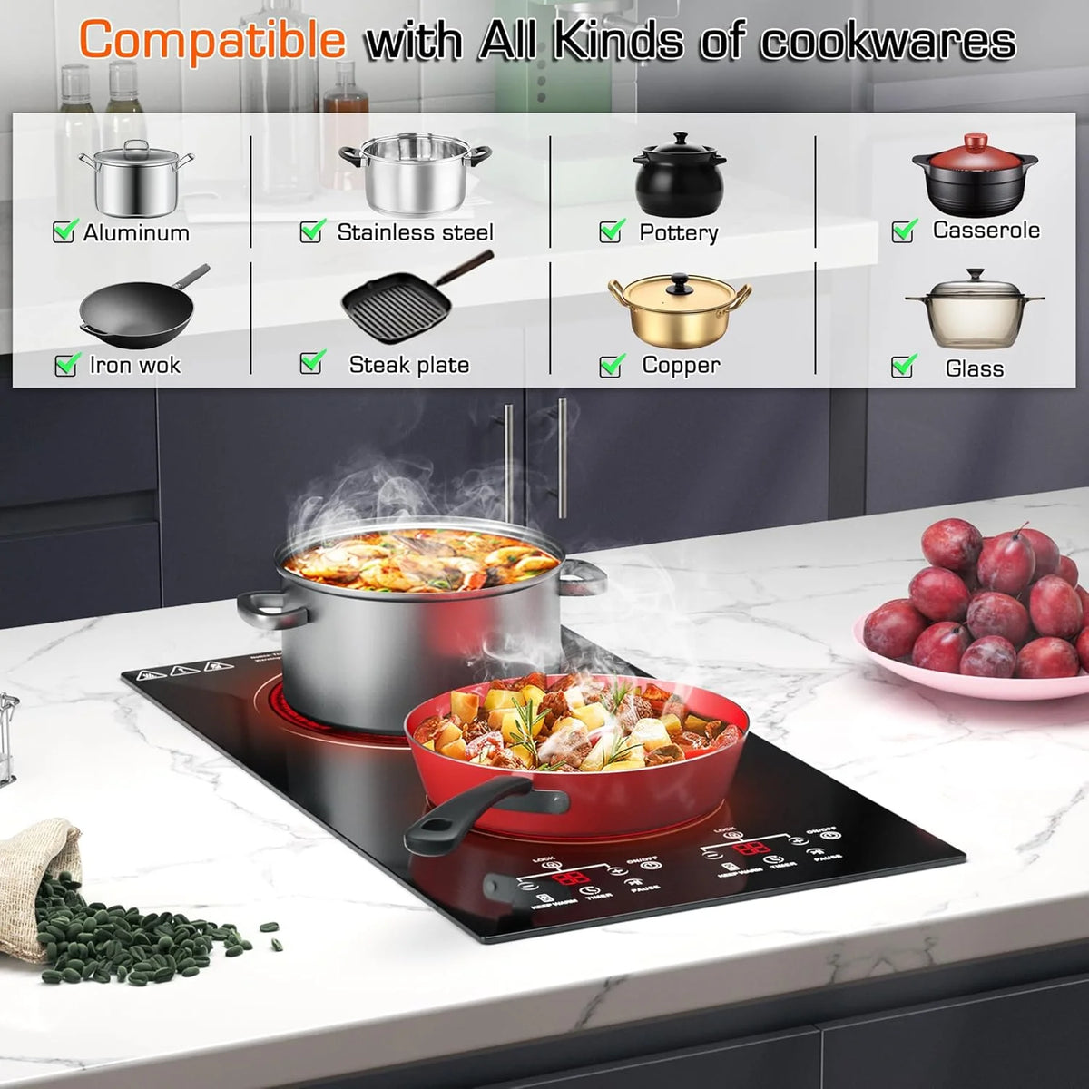 4 Burner Electric Cooktop, 24 Inch Electric Stove Top, Built-in Electric Cooktop with Sensor Touch Control, Timer & Child Lock Included, 9 Power Levels, 6000W, 220-240V Hard Wired (No Plug)