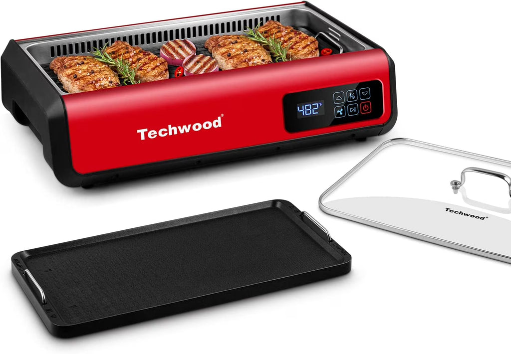 Techwood Indoor Smokeless Grill, 1500W, Black, Electric Portable Korean BBQ Grill with Tempered Glass Lid