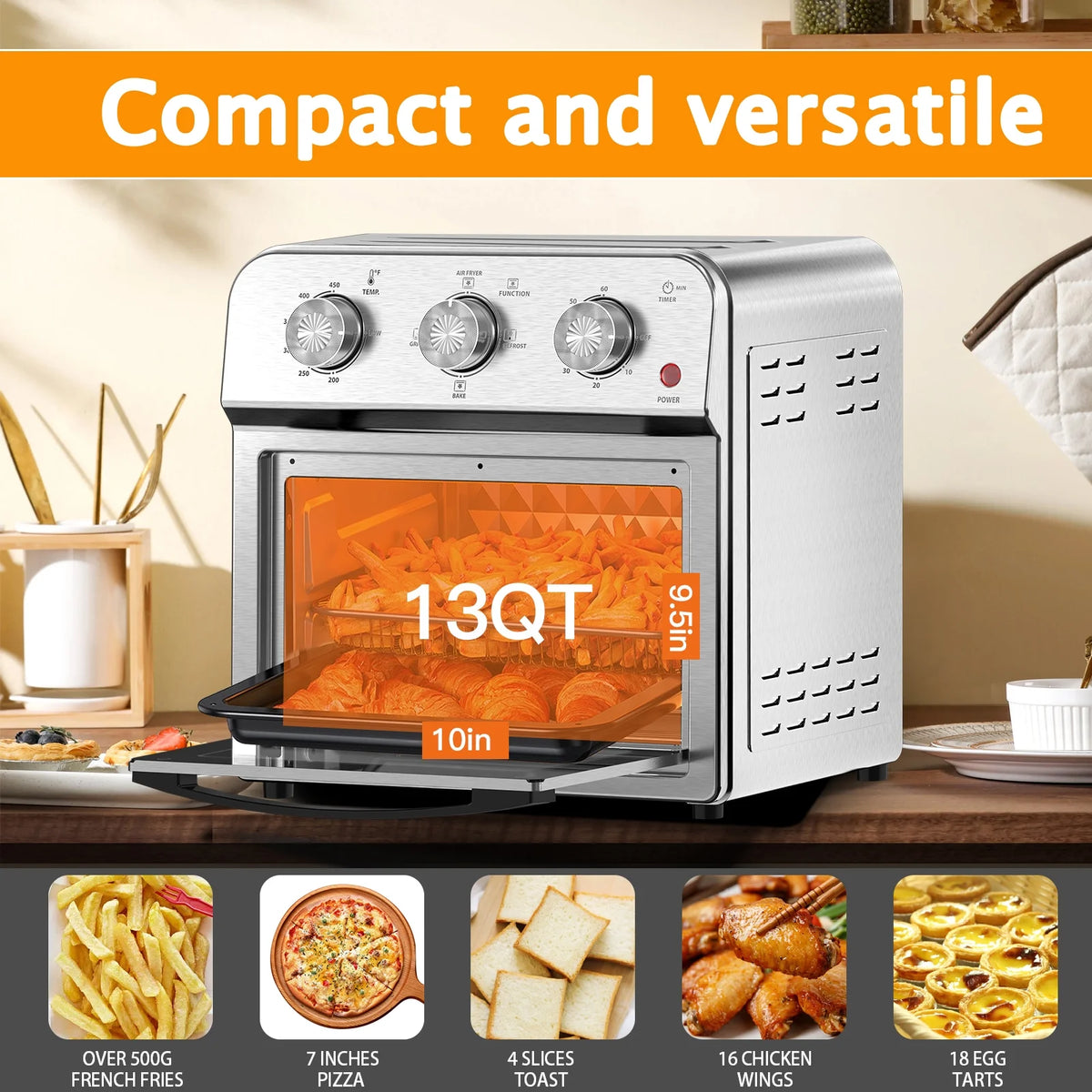 Plum Chef 13QT Air Fryer Toaster Oven Combo, 7-in-1 Multifunctional Countertop Oven with 360�� Hot Air Circulation for Healthy Oil-Free Cooking, Family Size, Stainless Steel, Silver