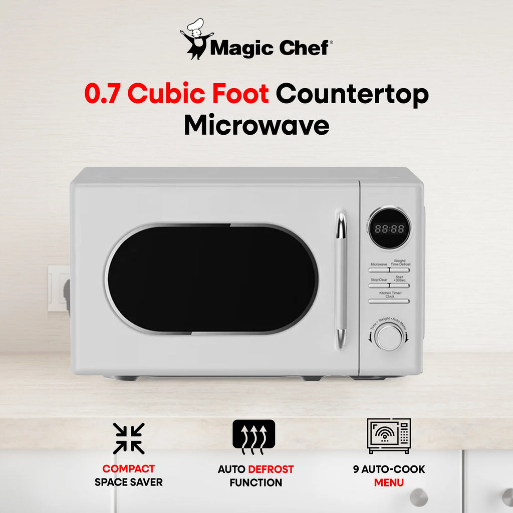 Open Box Magic Chef 0.7 Cubic Feet 700 Watt Retro Countertop Microwave, White
