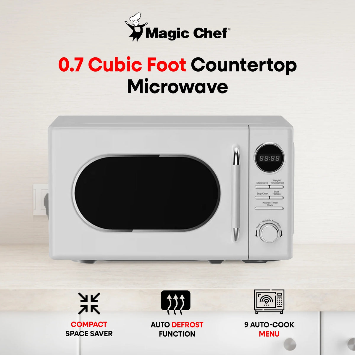 Open Box Magic Chef 0.7 Cubic Feet 700 Watt Retro Countertop Microwave, White