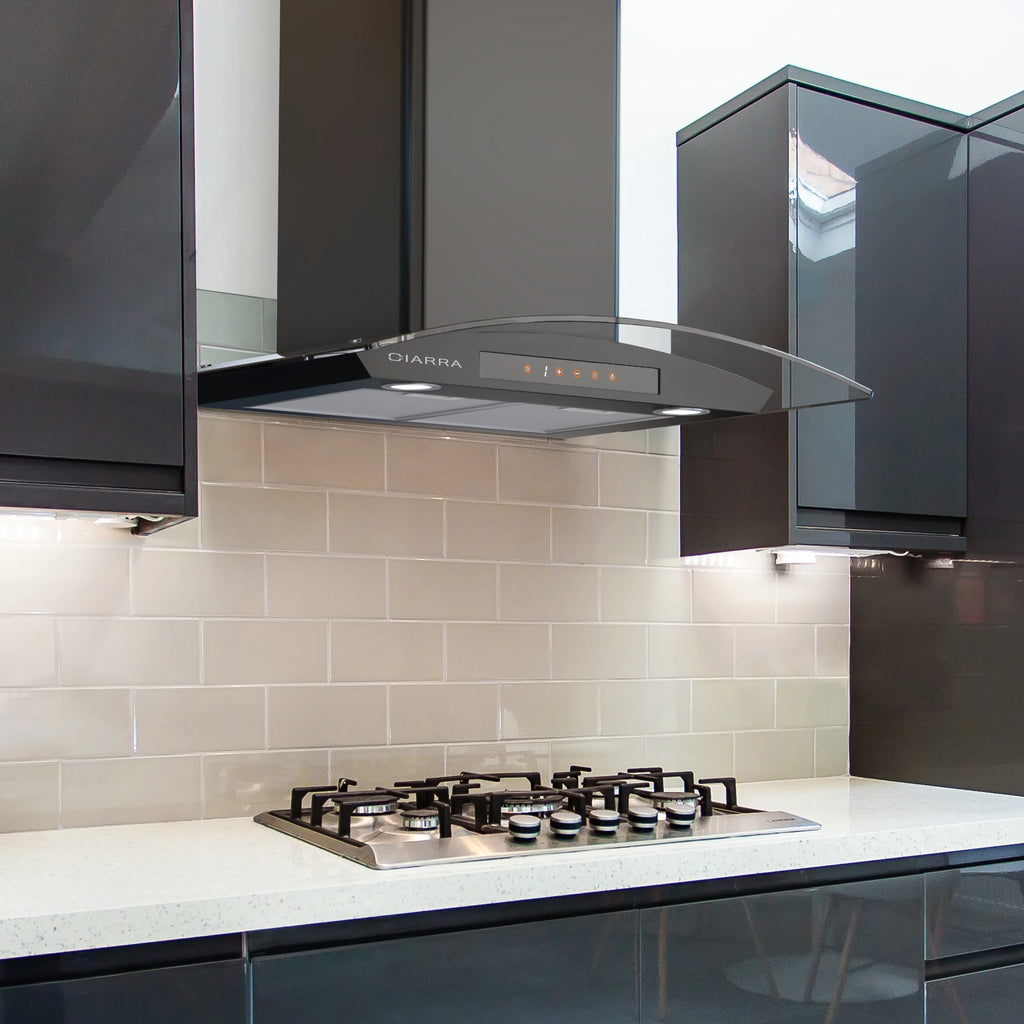 CIARRA Wall Mount Range Hood 30 inch with Tempered Glass 450 CFM Kitchen Vent Hood Ductless Ducted Convertible CAS50275