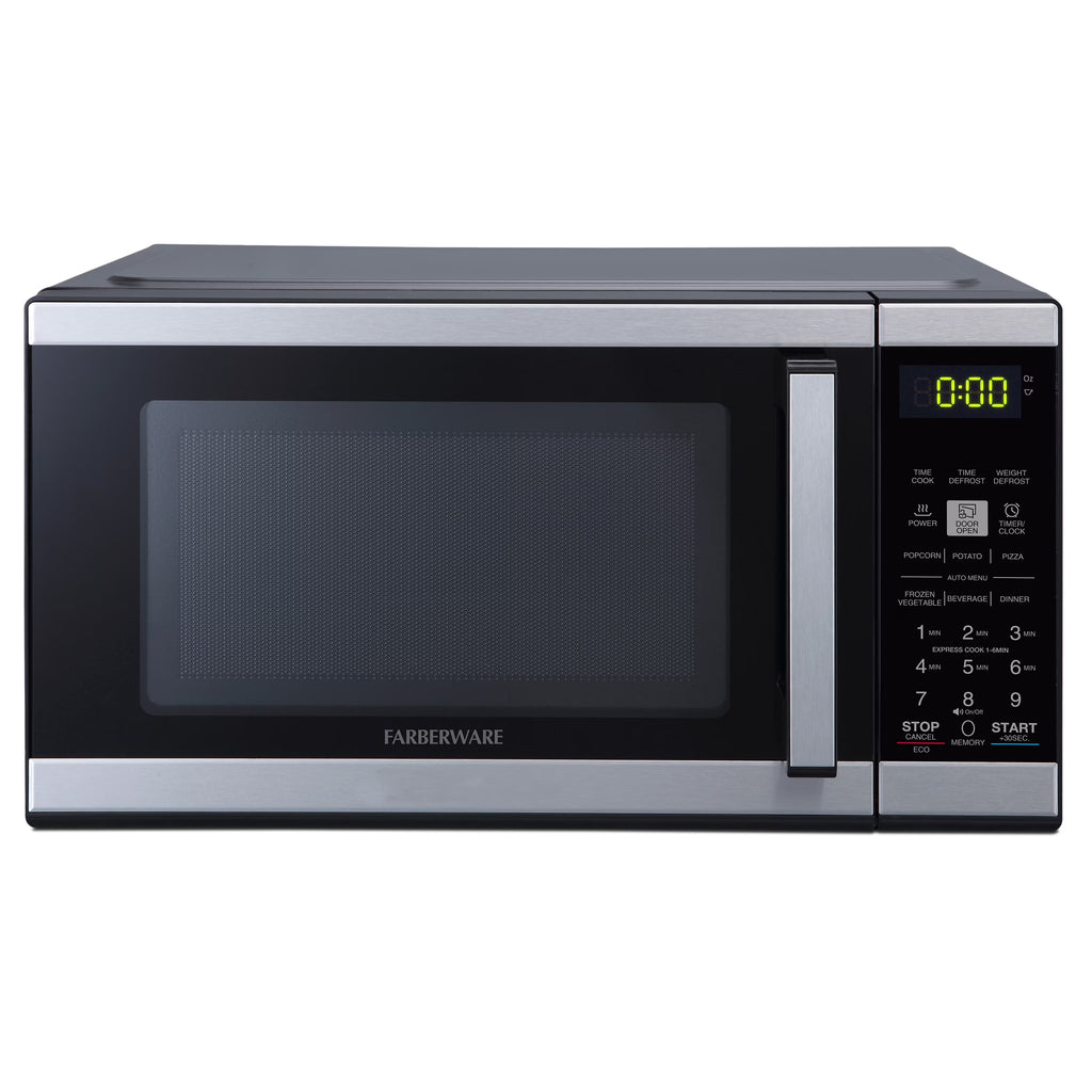 Farberware Countertop Microwave 900 Watts, .9 cu ft - Microwave Oven With Child Lock - Perfect for Apartments and Dorms - Easy Clean Grey Interior, Stainless Steel
