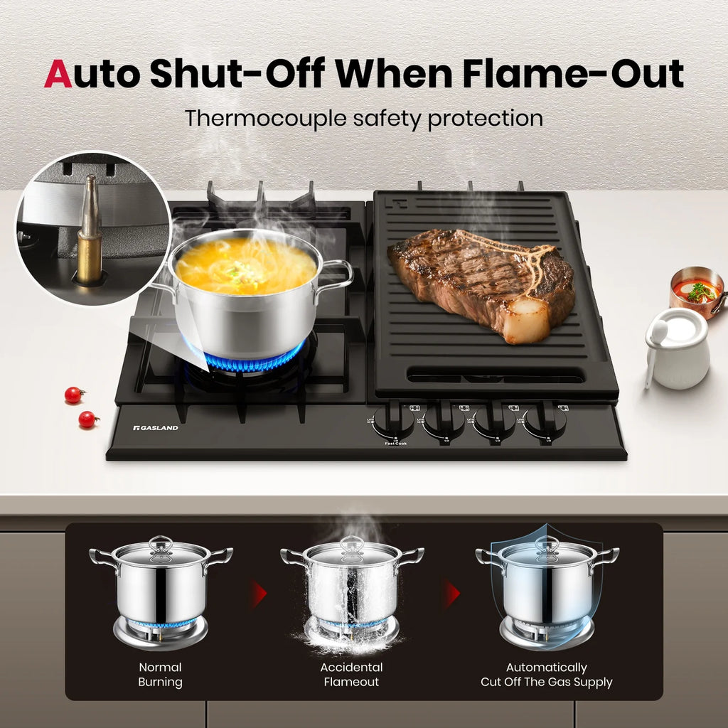 GASLAND GH60EF 24" Built-in Gas Stove Top, Black Ename Gas Cooktop with Griddle, 4 Sealed Burners, ETL