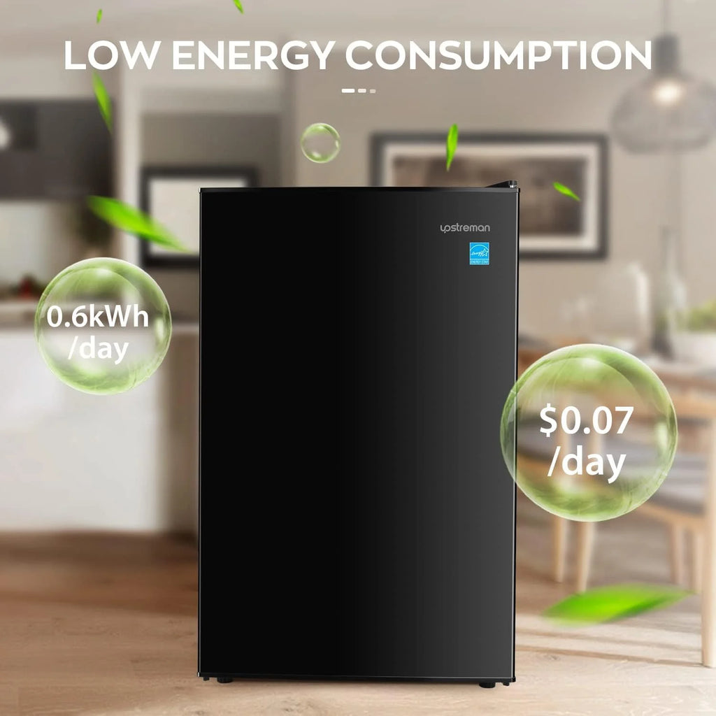 Upstreman 4.5 Cu. Ft. Compact Refrigerator with Freezer, Single Door Mini Fridge Small Refrigerator, 3 Removable Glass Shelves, Adjustable Thermostat, Black FR45