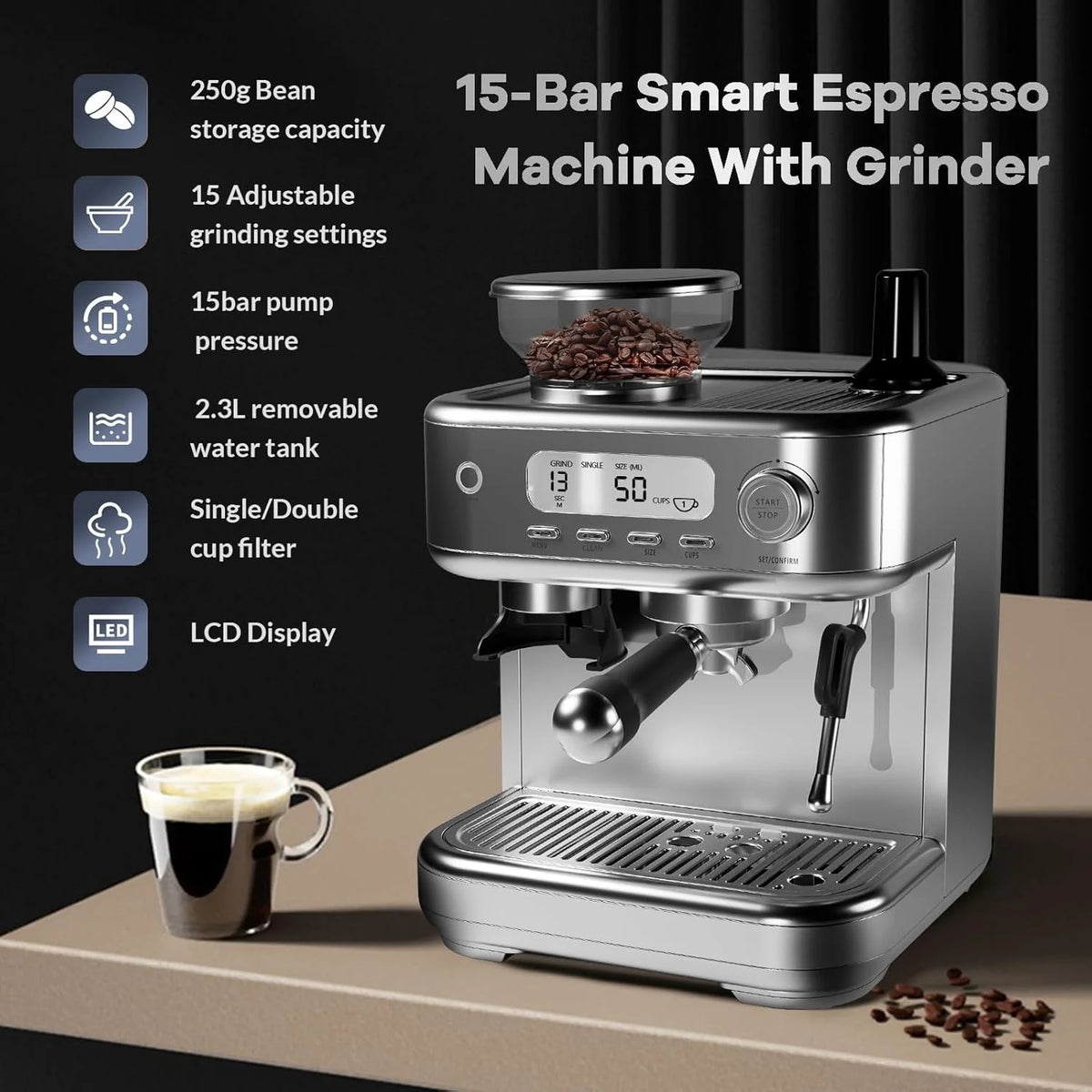 Espresso Machine with Grinder, Professional Coffee and Espresso Maker Combo, Stainless Steel Cafe Espresso Machine with Steam Wand Barista Kit for Cappuccino Latte