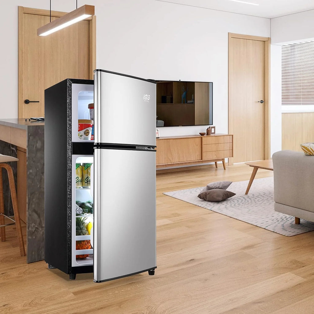 KRIB BLING 3.2 Cubic Feet Double Door Mini Fridge with Freezer, Mini Compact Refrigerator 2 Doors for Dorm, Office, Apartment, RV, Bedroom, Black