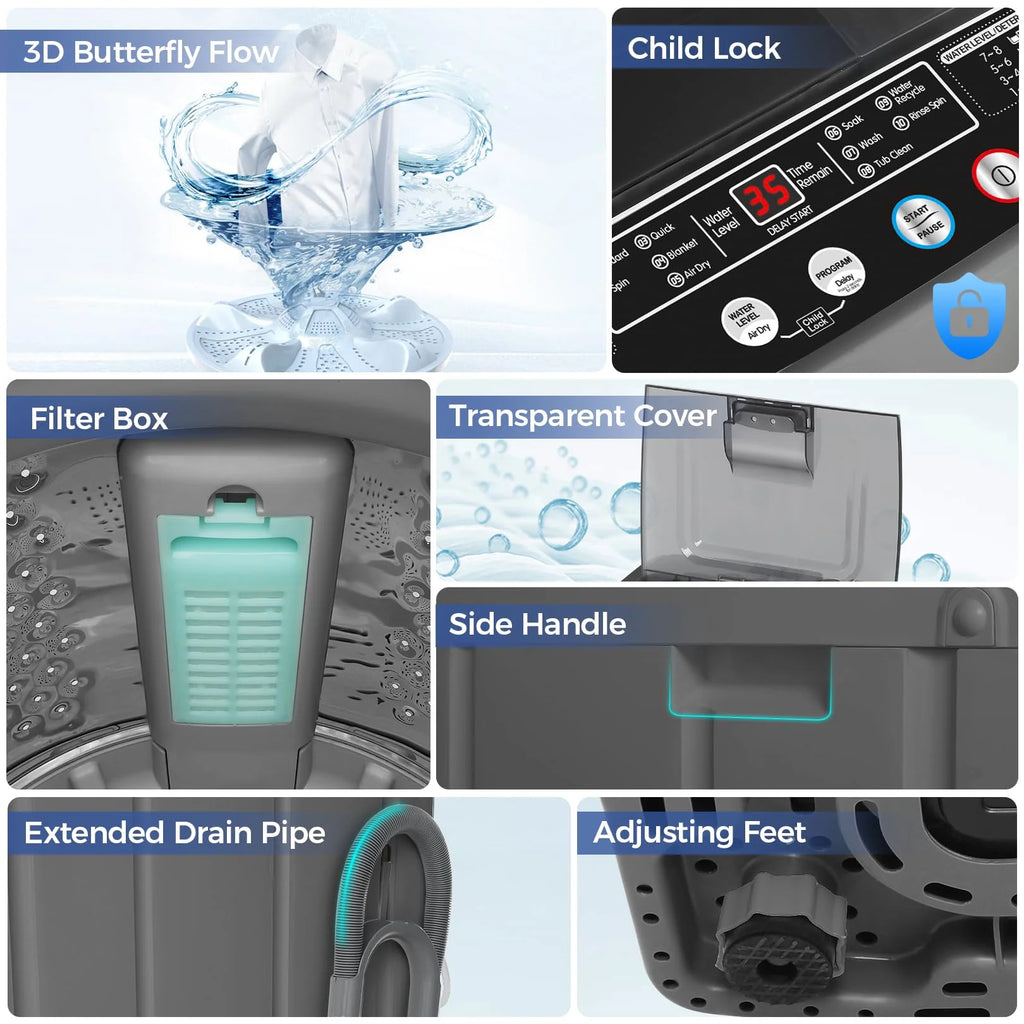 Veeboto Portable Washing Machine, 15.6lbs Washer and Dryer Combo Machine with 10 Wash Programs/8 Water Levels, Laundry with LED Display & 1 Adjustable feet for Home, Apart, Bathroom