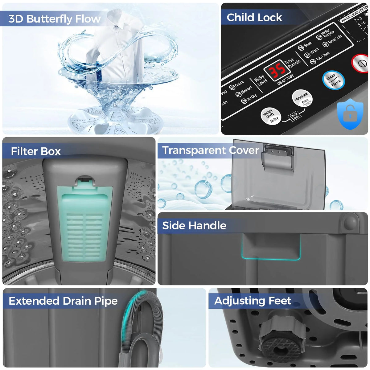 Veeboto Portable Washing Machine, 15.6lbs Washer and Dryer Combo Machine with 10 Wash Programs/8 Water Levels, Laundry with LED Display & 1 Adjustable feet for Home, Apart, Bathroom