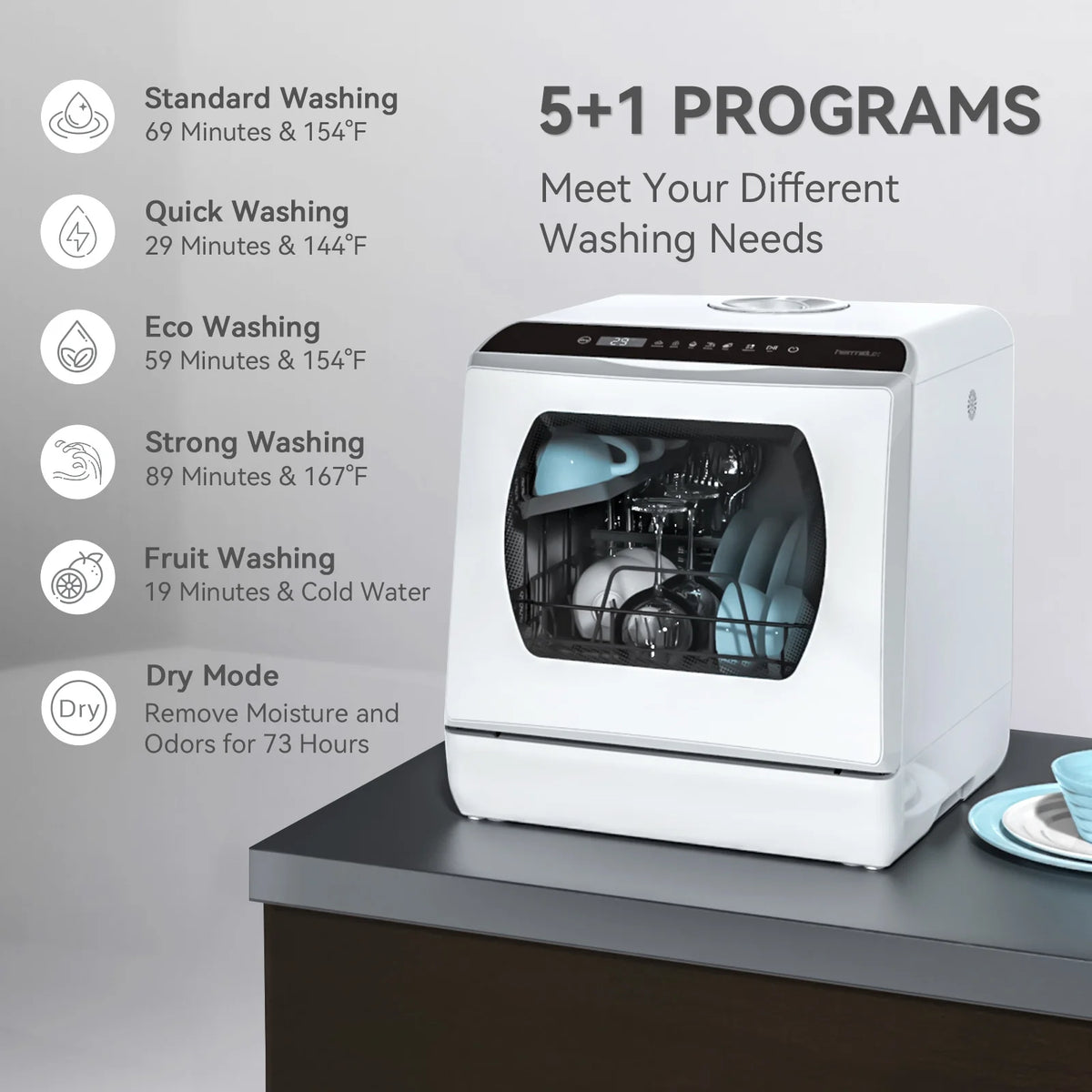 Hermitlux Portable Countertop Dishwasher, 5 Washing Programs, 5L Built-in Water Tank and Air-Dry Function, HMX-DW03