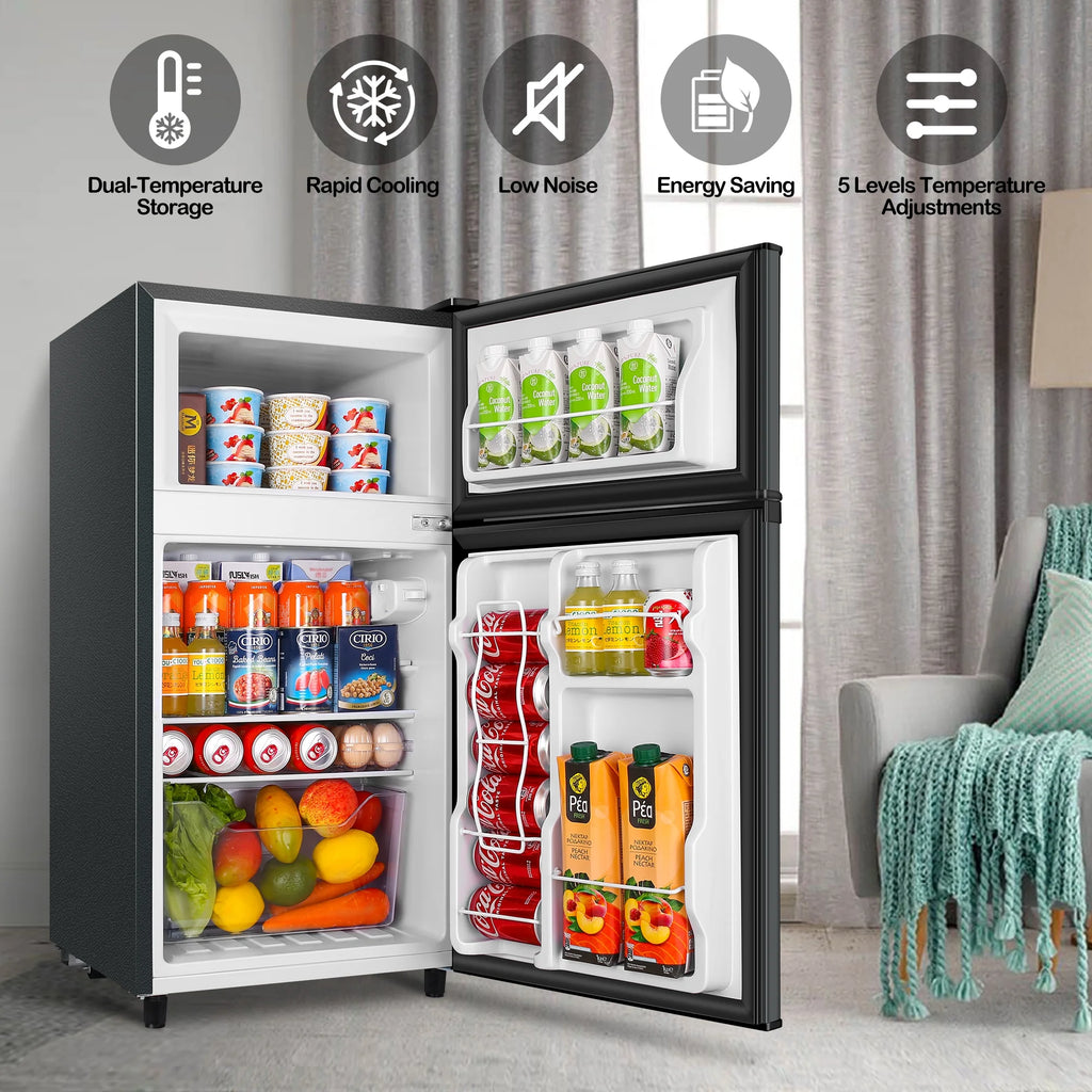 WANAI Two Door Mini Fridge with Freezer, 3.5 Cu ft Small Freezer ,Dark Grey
