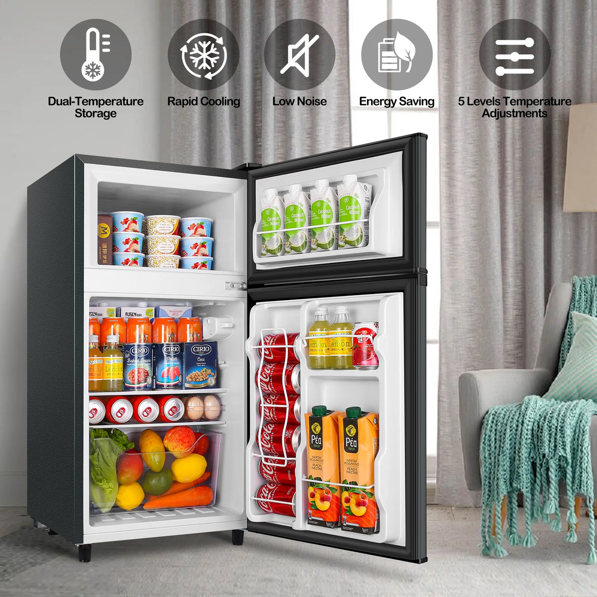 WANAI 3.5 Cu ft Two Door Mini Fridge with Freezer,Apartment Size Refrigerator,Dark Grey,New