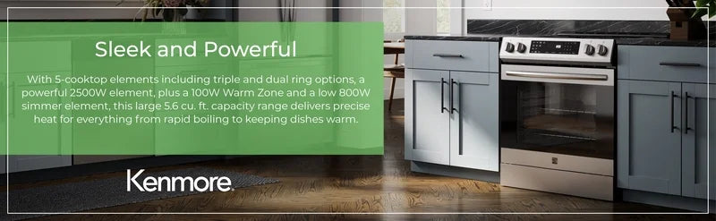 Kenmore 5.6 Cu. Ft. Front-Control 5 Element Electric Range Stove 240 Volts with Dual Ring Elements, Steam Clean, Precision Set Controls