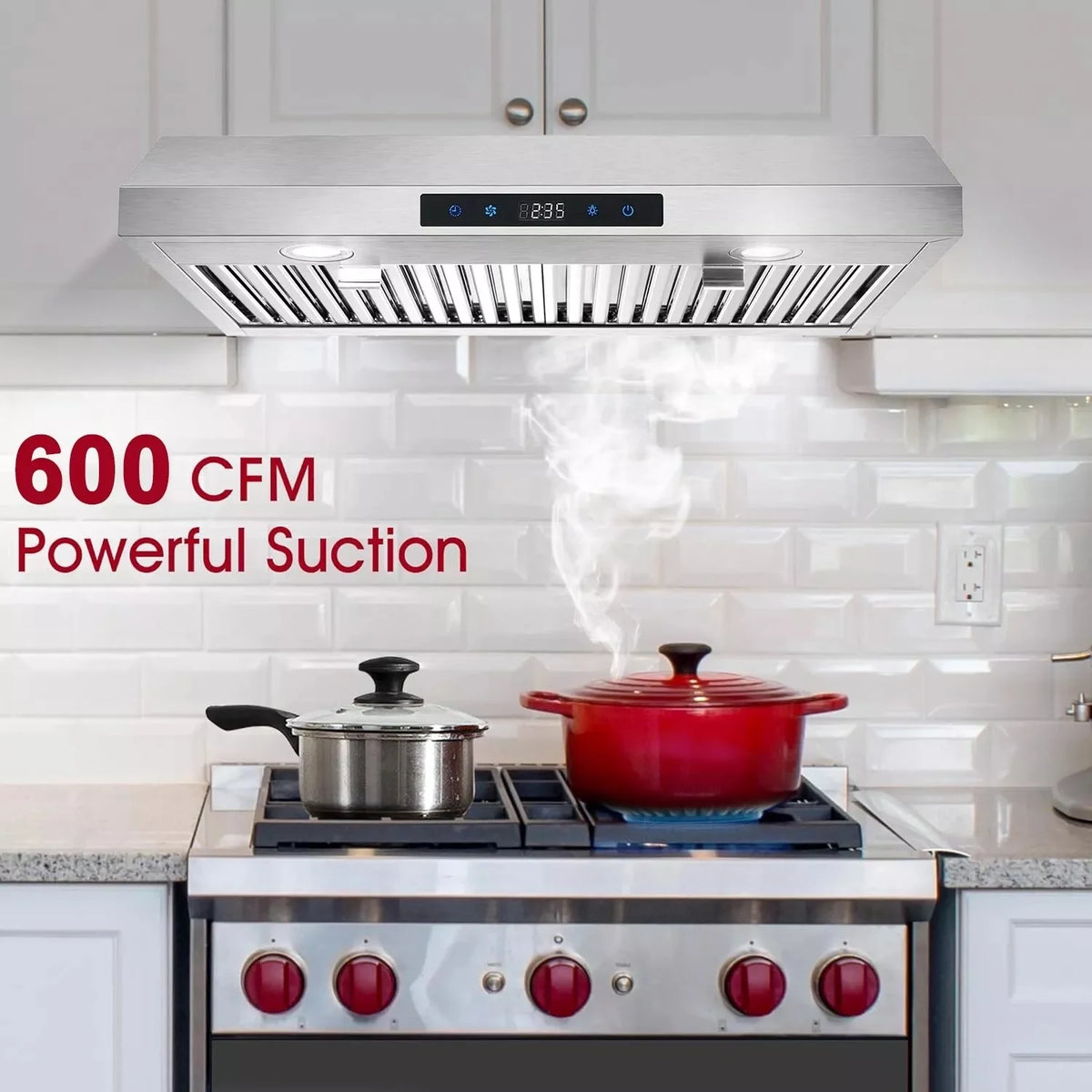 "Joeaonz 30"" Convertible Under Cabinet Range Hood, Stainless Steel, 600CFM, 3-Speed Fan, Dishwasher-Safe Filter"
