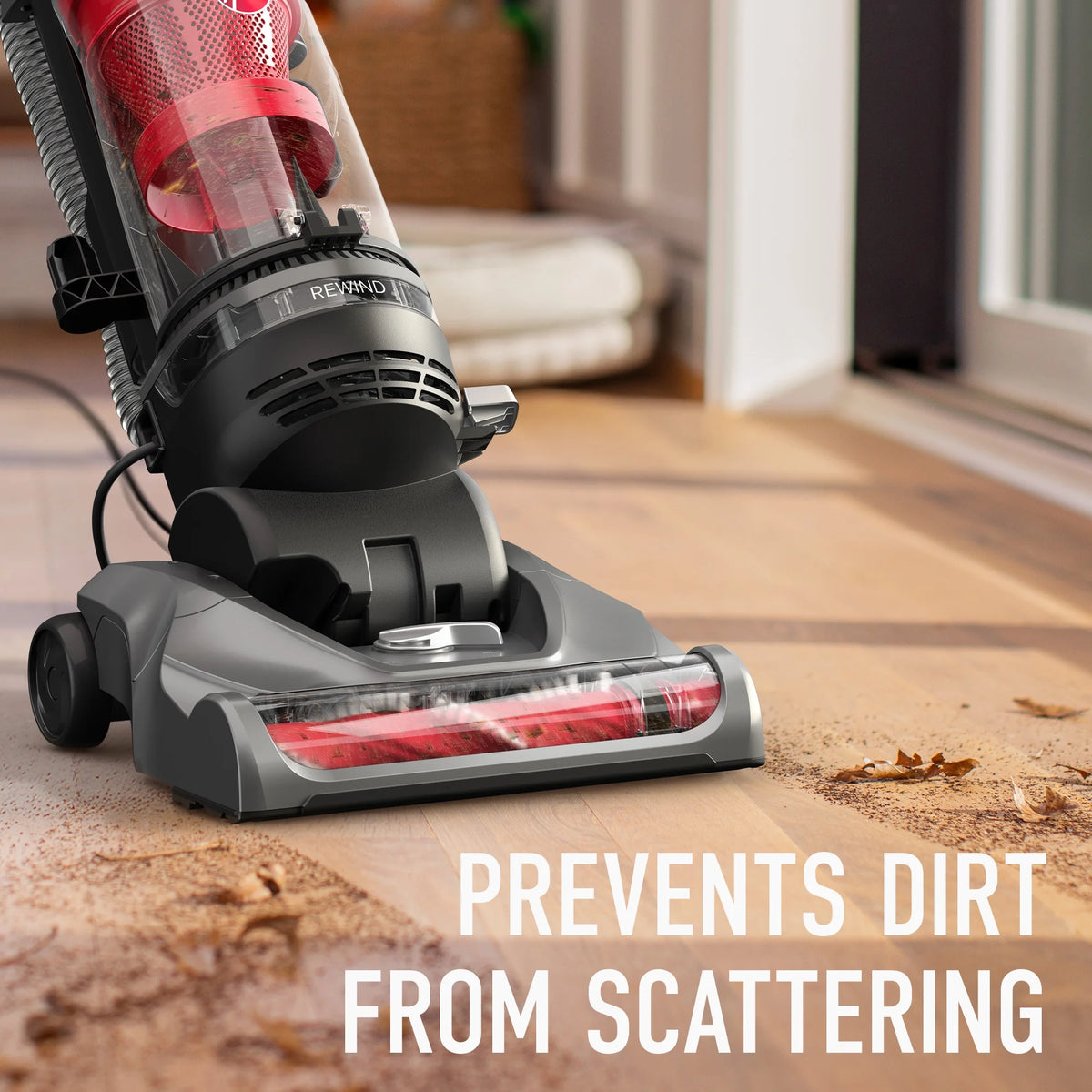 Hoover Rewind Pet Bagless Upright Vacuum Cleaner, Pet Friendly, Automatic Cord Rewind, Multi-Surface and Above Floor Cleaning, UH77410V, Gray & Red