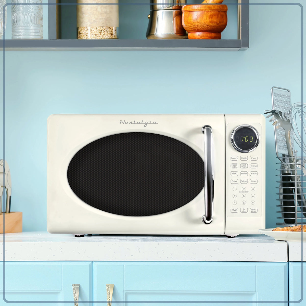 Nostalgia Retro Microwave Oven - 0.7 Cu Ft & 700-Watt Countertop Microwave with Glass Turntable, Child Safety Lock, 8 Auto-Cook Programs & Digital Clock - Aqua