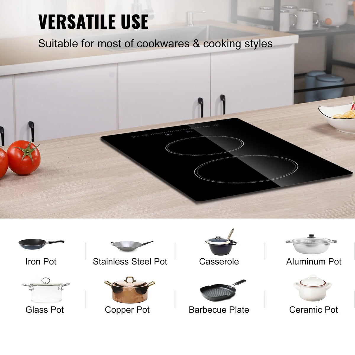 KFFKFF 2 Burner Electric Cooktop, 220-240V 1800W 20 Inch Built-in Electric Stove Ceramic Cooktop with Touch Screen, 9 Levels Settings, Overheat Protection with US Plug