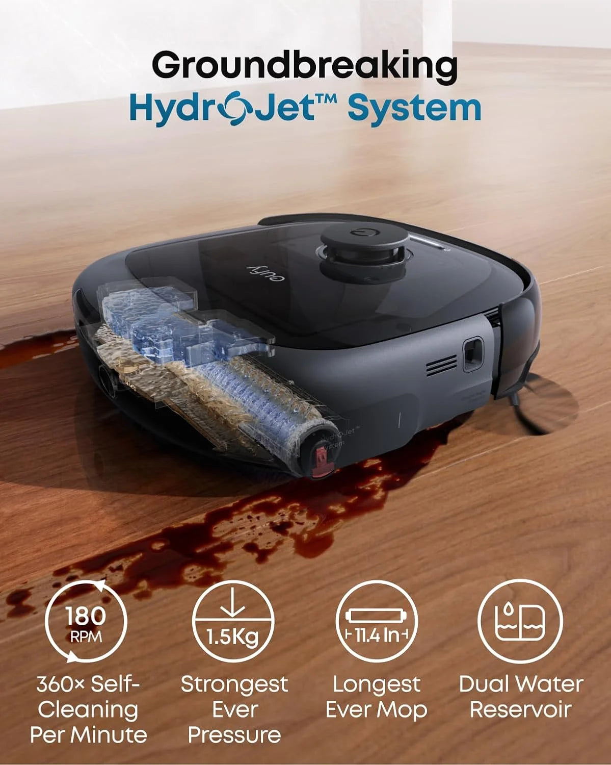 eufy Robot Vacuum Omni E28, HydroJet System , Portable Deep Cleaner, Turbo Suction, DuoSpiral? Detangle Brushes, CornerRover? Arm