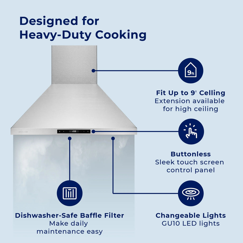Hauslane Chef Series 36'' Stainless Steel Wall-Mount Range Hood 860 CFM, Touch Screen, Easy Clean Baffle Filters, LED Lamps
