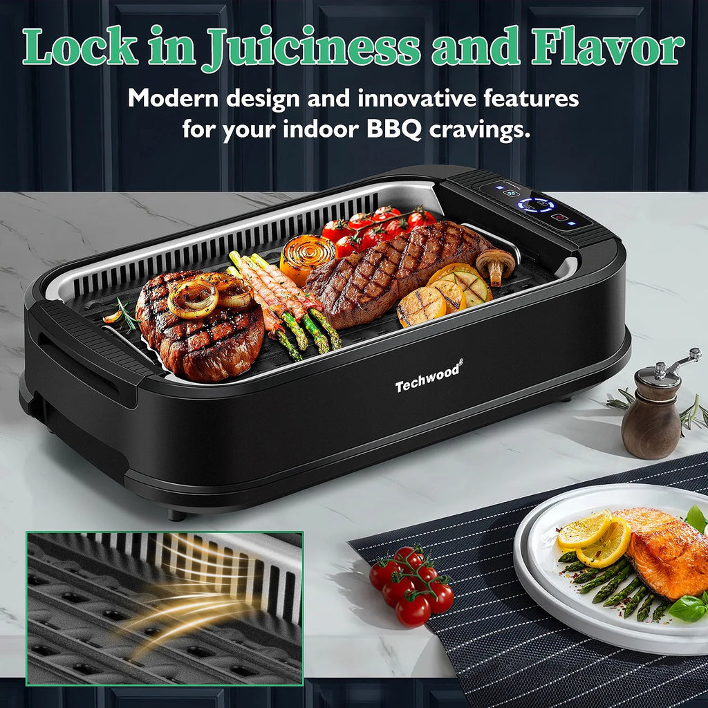 Techwood Indoor Smokeless Grill, 1500W, Black, Electric Portable Korean BBQ Grill with Tempered Glass Lid