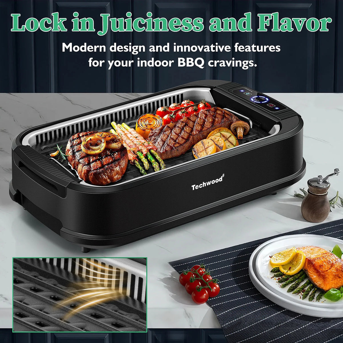 Techwood Indoor Smokeless Grill, 1500W, Black, Electric Portable Korean BBQ Grill with Tempered Glass Lid