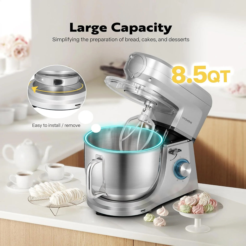 SPECSTAR 6 in 1 Multifunctional Stand Mixer with 8.5 Quart Stainless Steel Bowl, 660W 10 Speed Tilt-Head, Silver