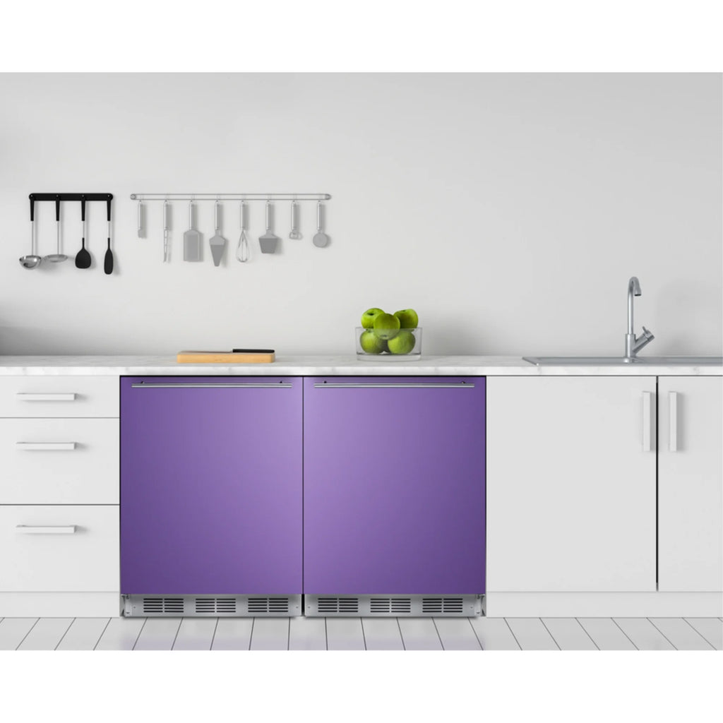 Undercounter 24" all-refrigerator for residential use with lavender purple door, stainless steel handle, and black cabinet