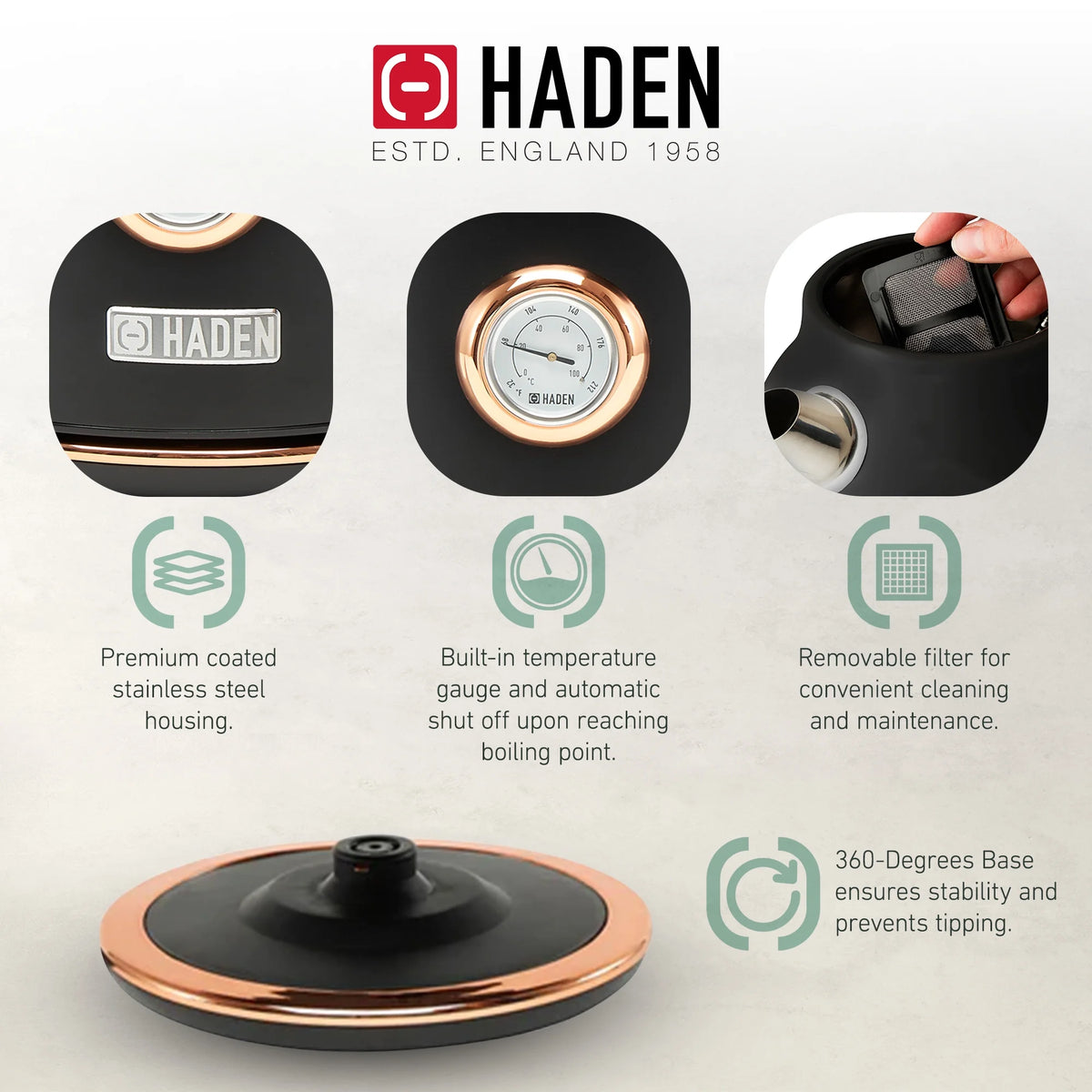 Open Box Haden 1.7 Liter Electric Water Kettle w/ 360-Degree Base, Black/Copper