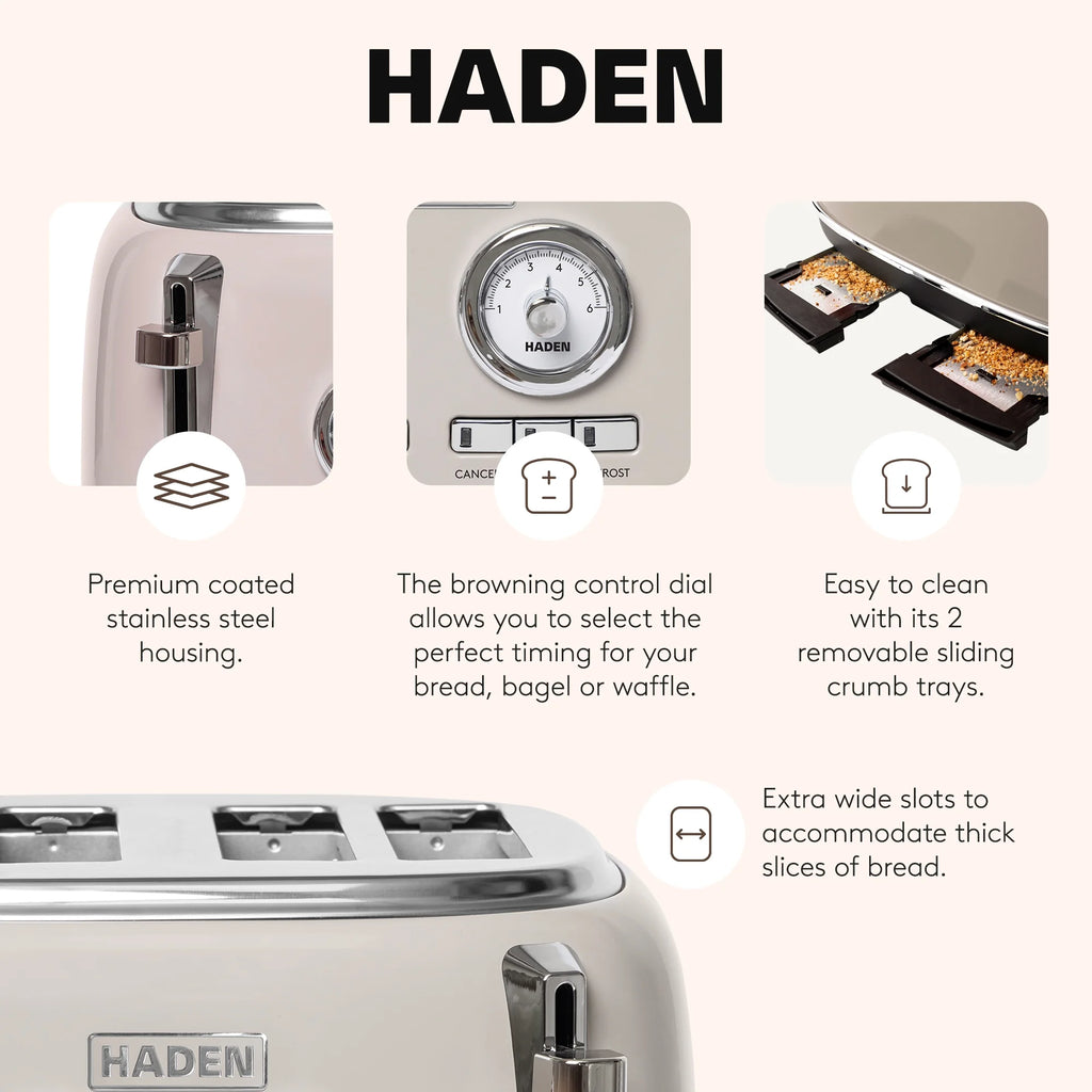 HADEN Dorset Stainless Steel 4-Slice Toaster with Browning Control, Cancel, Reheat and Defrost Settings