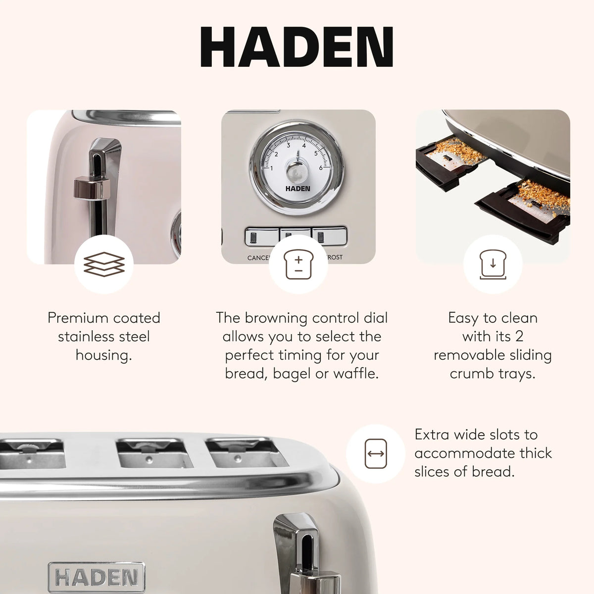 HADEN Dorset Stainless Steel 4-Slice Toaster with Browning Control, Cancel, Reheat and Defrost Settings