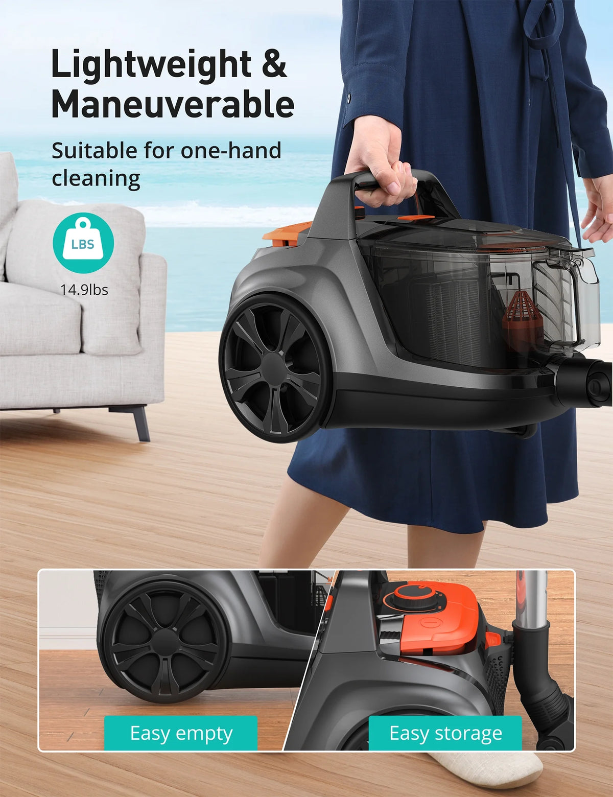 Canister Vacuum Cleaner, 30Kpa Powerful Suction, Bagless with 3.7QT Large Dust Cup, Auto Cord Rewind, HEPA Filter, 5 Attachments, Lightweight Vacuum for Pet Hair, Hard Floors & Car