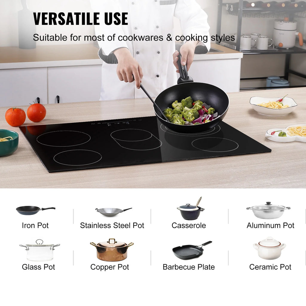 KFFKFF 8600W Electric Ceramic Cooktop, 30" 5 Burners Built-in Countertop Burners Cooker Touch Control, Overheat Protection, Child Lock, 9 Power Levels, 220-240V (NO Plug)